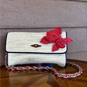 Elliott Lucca Woven Cream Clutch/Crossbody w/ Floral Detail- Perfect for Spring!